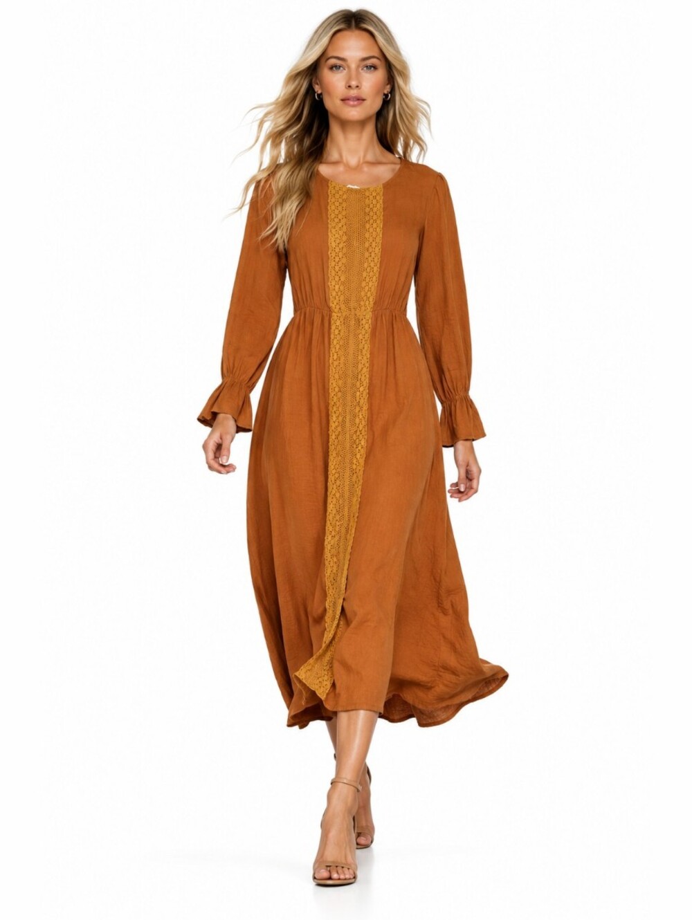 ROOLEE Rust Boho Maxi Dress Lace Panel Long Sleeve Size Medium NWT